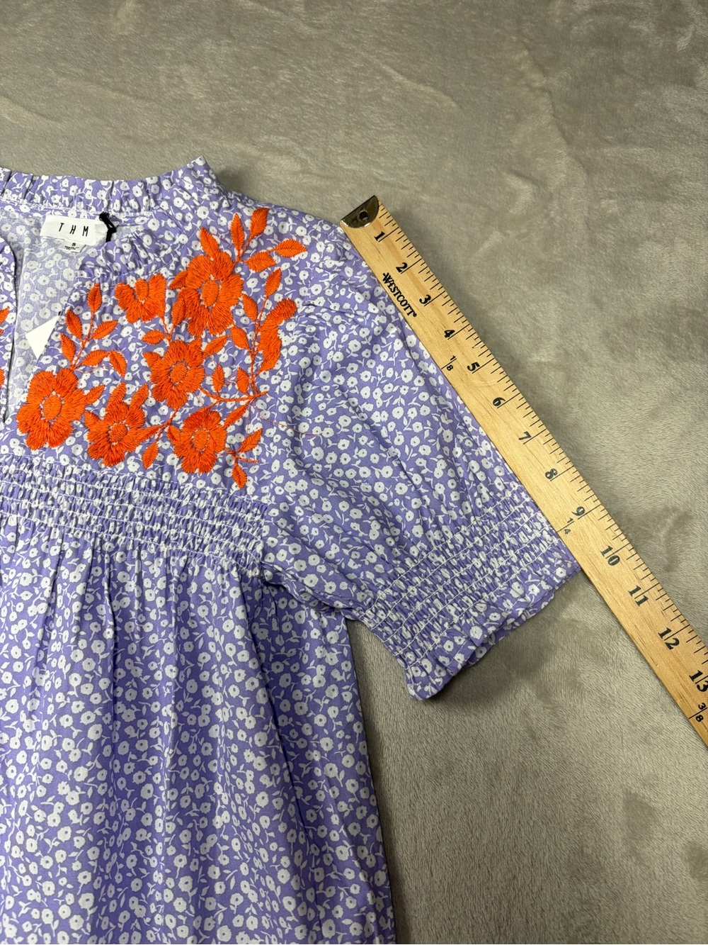 NWT THML Floral Embroidered Purple Orange White Short Puff Sleeve Blouse Small - Picture 7 of 14